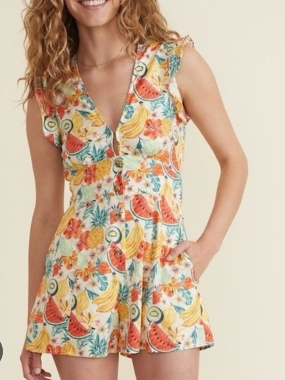 Marine Layer Camila Tropical Fruit Hemp Natural Fiber Romper Small